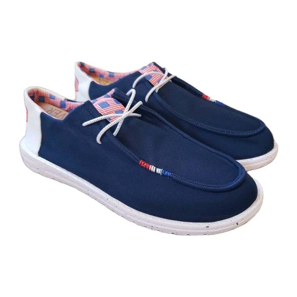 NWOB HEYDUDE Wally Americana II Sz 10 Mens Loafer Slip On Navy Blazer Multi USA